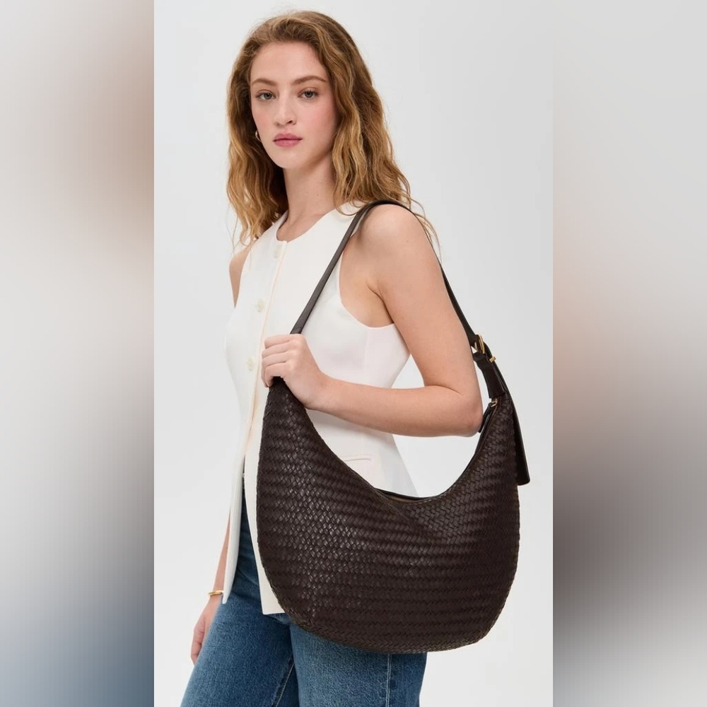 Madewell Essential Curve Dark Brown Woven Leather Bag